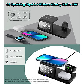 Mua Đế Sạc Không Dây 4 In 1 Wireless Charing Station 15W Kiêm Đồng Hồ LED Báo Thức - Home Decor Furniture