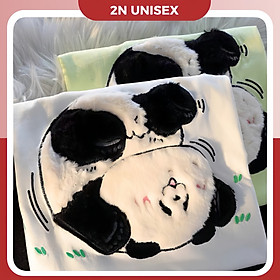 Áo phông nam nữ form rộng 2N Unisex thun cotton in hình gấu Panda thêu lông màu trắng/xanh