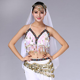 Womens Sparkling Belly Dance Bra Sequins Tassel Coins Top Samba Dancing Costume