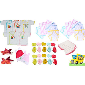 Món Đồ Dùng Dành Cho Bé Sơ Sinh Cao Cấp 0 - 6 mon ( Set 42 số bao gồm 5 áo + 5 khăn sữa + 2 nón + 10 cặp găng tay + 10 cặp bao chân + 10 tã dán )