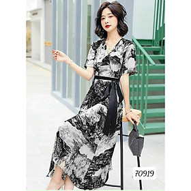 Đầm Nữ Dáng Dài Kiểu Shirtwaist Dress Cổ Tim Chất Liệu Hoa Lụa Mềm Mịn