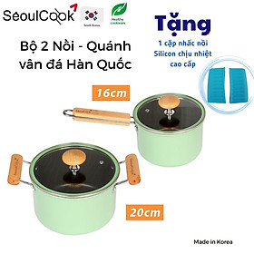 Mua {Tặng cặp nhấc nồi silicon cao cấp}-Bộ nồi chảo 2 món đáy từ cao cấp Hàn Quốc  quánh 16cm + nồi 20cm  chống dính vân đá an toàn cho sức khỏe  dùng được tất cả các loại bếp/ Induction