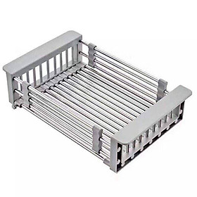 Mua Rổ inox rút gọn - Khay inox gác bồn rửa tiện dụng-tặng kèm 03 khăn lau 2 mặt siêu thấm nhà bếp