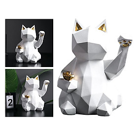 Tượng Trang trí mèo may mắn dạng hình học bằng nhựa trang trí bàn học/ phòng khách tại nhà - Trắng