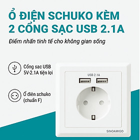 Mua Ổ cắm điện Schuko (chuẩn Hàn Quốc) âm tường kèm 2 cổng sạc USB 5V-2.1A - Sinoamigo SW-1EUA  nhập khẩu chính hãng