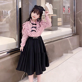 Đầm váy bé gái, sét áo lông chân váy xếp li size đại cho bé gái từ 18kg đến 35kg( màu trắng, hồng)