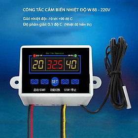 Công tắc cảm biến nhiệt độ W88-220V gắn nổi với 3 màn hình hiển thị nhiệt độ, đầu cảm biến rời chống nước