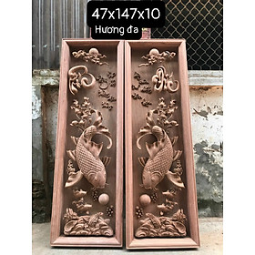 Cặp tranh điêu khắc treo tường tích lý ngư vọng nguyệt đẹp long lanh  bằng gỗ hương đá kt 47×147×10cm