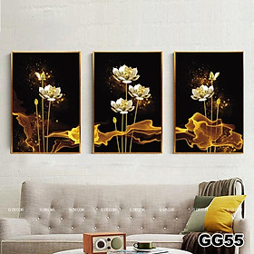 Hình ảnh Tranh treo tường canvas khung gỗ 3 bức phong cách hiện đại Bắc Âu tranh hoa sen trang trí phòng khách phòng ngủ spa 59