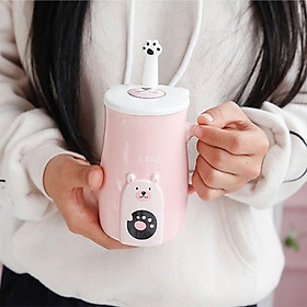 Cốc gốm sành sứ , ly sứ in hình gâu dùng uống trà có nắp tặng kèm thìa giao màu ngẫu nhiên