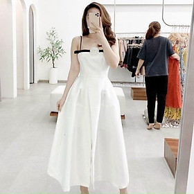 Váy đầm nữ hai dây ngực kết bông đuôi váy xẻ tà thời trang cao cấp
