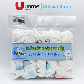 Khăn Sữa Cotton Unmei 6 lớp cho Bé, 30x30cm, Khăn Vải Xô Dày dặn, Thấm Hút Tốt, Màu Trắng Hoa văn ngẫu nhiên