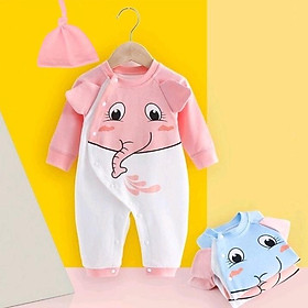 Bộ Đồ Body Dài Tay Cho Trẻ Sơ Sinh Hình Voi Thun Cotton 3kg Đến 12kg MÀu Xanh