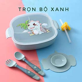 Mua Bộ bát chống đổ chia ngăn cho bé - 5 chi tiết kèm thìa dĩa tập xúc  ống hút silicon và nắp đậy