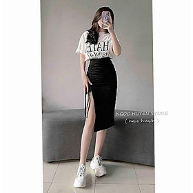 Sét áo thụng cotton in chữ và chân váy dài xẻ tà siêu hot