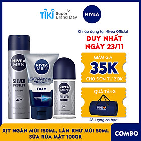 Bộ 3 sản phẩm Xịt và Lăn Ngăn Mùi NIVEA MEN Silver Protect Phân Tử Bạc Giảm 99.9% Vi Khuẩn Gây Mùi (150ml - 82959 & 50ml - 83778) & Sữa Rửa Mặt NIVEA MEN Làm Sáng Da (100G) - 88836