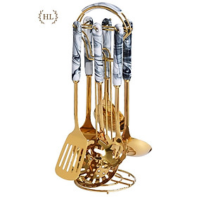 BỘ MUÔI CANH XẺNG INOX VÀNG GƯƠNG CÁN SỨ KÈM GIÁ TREO | BỘ MUÔI VÁ VÀNG GƯƠNG CAO CẤP (LOẠI 1 BẢN SỨ CẦM DÀI)