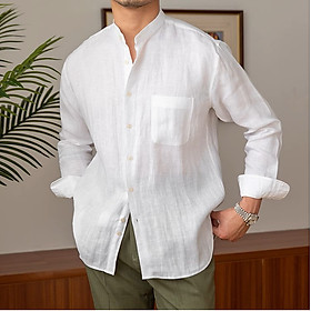 Áo sơ mi Linen dài tay nam cao cấp thiết kế cổ trụ phối cúc 1 túi ngực vải thoáng mát không bai gião MS05