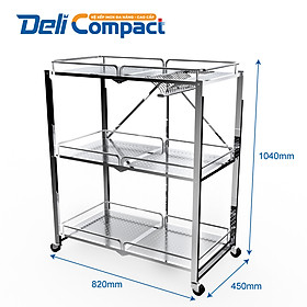 Kệ xếp inox đa năng cao cấp DELI Compact 3 tầng inox 304 (QPI.490) - Kệ inox thông minh, chắc chắn, xếp gọn nhanh chóng, có bánh xe di chuyển dễ dàng