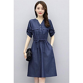 Đầm jean xoè eo rút cổ v - dt1367-140