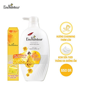 Sữa tắm trắng và dưỡng ẩm Enchanteur Charming white creamy body scrub 650gr - Tặng túi trang điểm Enchanteur
