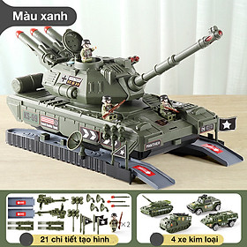 Bộ đồ chơi xe tăng KAVY NO.8827 kèm 4 xe quân sự bằng kim loại có đèn và nhạc thanh trượt, cất giữ bên trong.. - Màu xanh