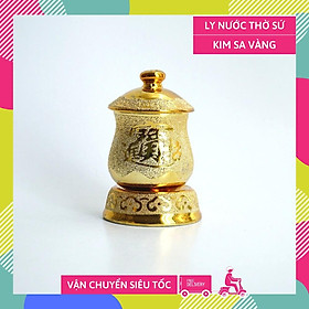 Ly nước thờ cúng kim sa vàng có nắp và đế riêng - Cao 10cm