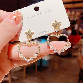 Khuyên tai nữ NGÔI SAO TRÁI TIM ĐÍNH HẠT bông tai sang trọng phong cách Hàn Quốc