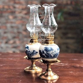Mua Đèn thờ dầu men rạn vẽ phong cảnh chân đồng thấp  gốm sứ Bát Tràng (đèn dầu  đèn thờ cúng)
