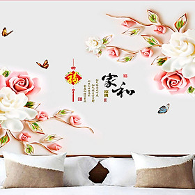 Decal dán tường cụm hoa hồng hai màu trắng và hồng 2 mảnh bông to gs8974