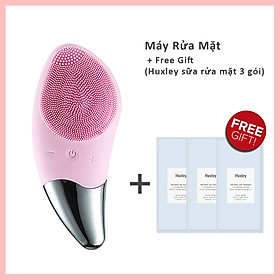 Máy Rửa Mặt Mini Massage Làm Sạch Sâu Tích Hợp Sóng Âm BR-1020 + 3 gói sữa rửa mặt cao cấp HUXLEY Deep Clean, Deep Moist mini 3ml