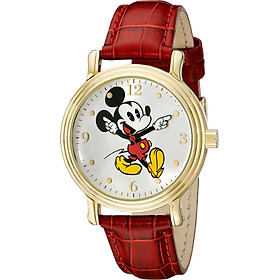 Disney Women's W001870 Mickey Mouse Gold-Tone Watch with Red Faux Leather Band