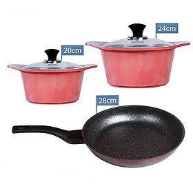 Combo 3 món, nồi đúc ceramic đế từ cao cấp 20 - 24 cm màu hồng, chảo Đức 28cm màu mận tím dùng được bếp từ