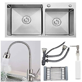 Combo chậu rửa chén bát inox 8245 hố lệch, vòi rửa bát inox nóng lạnh Lò xo, rá inox, bình xà phòng, bộ xả chậu