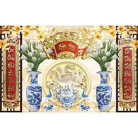Tranh 3d phòng thờ in trên vải lụa kim tuyến, dán trực tiếp lên tường- kích thước theo yêu cầu