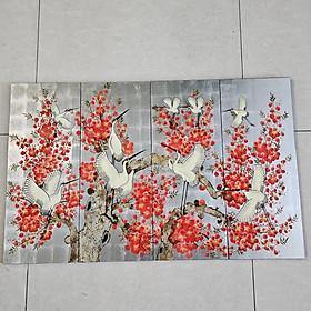 Tranh sơn mài cao cấp, thủ công mỹ nghệ Thanh Bình Lê size 50x80 cm - Bộ Tranh hoa đào và đàn Hạc tiên (4 tấm 20x50 cm)
