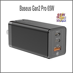 Củ Sạc Nhanh Baseus GaN2 Pro Quick Charger 65W Màu Đen (Type C x 2 + USB, Multi Quick Charge Protocol) - Hàng Chính Hãng
