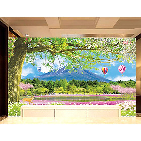 Tranh dán tường 3d trang trang trí decor phòng núi phú sĩ mùa xuân có sẵn keo