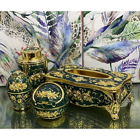 Set 4 sản phẩm đồng khảm hoa văn họa tiết cổ | Set tăm, gạt tàn, lọ chè, hộp giấy Hoàng Gia