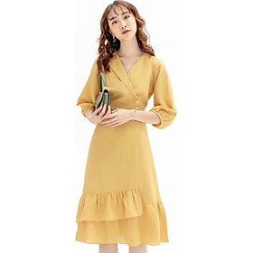 Đầm vàng cổ V tay lỡ