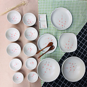 Bộ bát đĩa Gốm sứ cao cấp Men Gấm vẽ tay họa tiết Đào đỏ 16 sản phẩm dùng bữa ăn gia đình