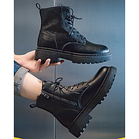 Giày boots combat nữ, giày bốt nữ cột dây 1 dây kéo cổ lửng S011