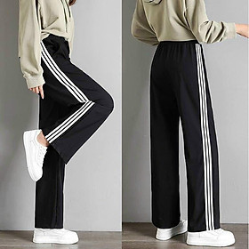 Quần thể thao 2 sọc / 3 sọc nữ ống suông rộng baggy Umi cao cấp - Quần jogger nữ 3 sọc đen dây rút học sinh