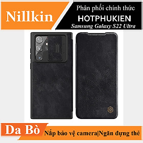 Case bao da leather chống sốc cho Samsung Galaxy S22 Ultra hiệu Nillkin Qin Pro trang bị nắp bảo vệ Camera (Chất liệu da cao cấp, có ngăn đựng thẻ, mặt da siêu mềm mịn) - hàng nhập khẩu