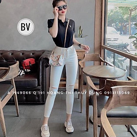 Quần jean trắng rách đùi và trơn, Quần bò cạp cao co giãn