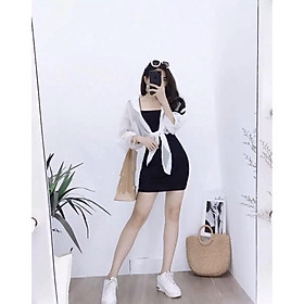 Đầm body nữ hai dây sexy JOY BABE  mix áo khoác sơ mi mong manh, thun ôm đẹp hack dáng, đầm thời trang sọc DAM 5