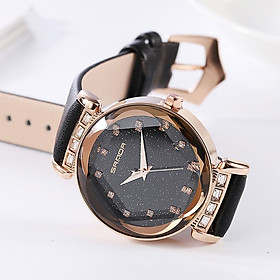 Đồng hồ nữ SANDA 3D đính đá mặt vát cao cấp dây da thời trang giá tốt Wnu03 màu đen