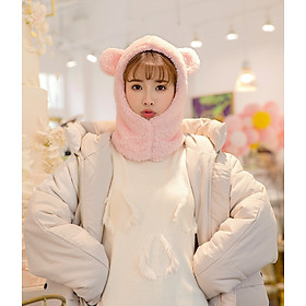 Mũ len lông cừu liền khăn cổ tai gấu dễ thương ấm áp mùa đông thích hợp cho bạn gái
