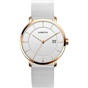 Đồng hồ nữ Lobinni L3033-8 chính hãng Thụy Sỹ Kính sapphire ,chống xước ,Chống nước 30m,trắng viền vàng hồng dây da trắng ,Máy điện tử (Quartz) ,Bảo hành 24 Tháng,thiết kế đơn giản ,trẻ trung và sang trọng