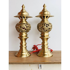 Đôi đèn thờ rồng phượng bằng đồng vàng mộc